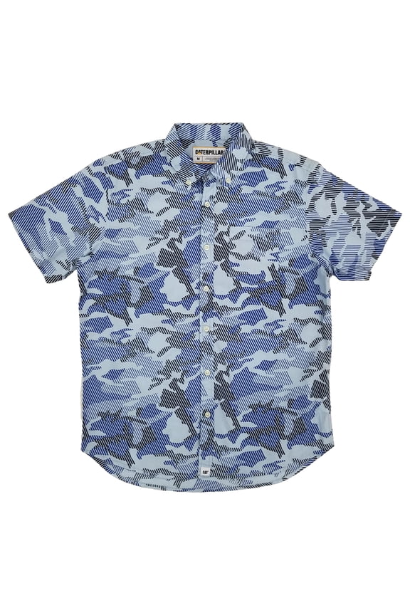 Mens Blue Camouflage Short Sleeve Button-Down Shirt Small