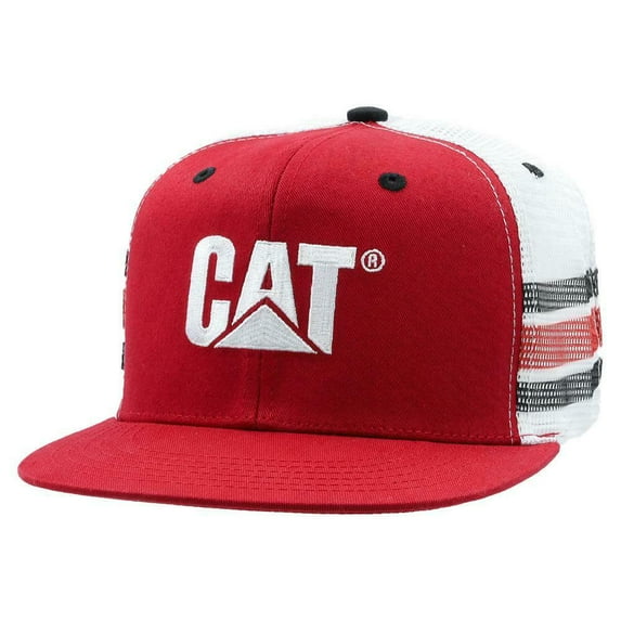 Caterpillar Red & Black Striped White Mesh Back Snapback Flat Bill Hat/Cap
