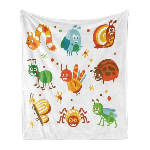 Caterpillar Soft Flannel Fleece Throw Blanket, Colorful Cartoonish Animals Butterfly Spider Ladybug and Grasshopper Design, Cozy Plush for Indoor and Outdoor Use, 50" x 60", Multicolor, by Ambesonne