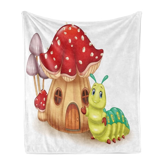 Caterpillar Soft Flannel Fleece Throw Blanket, Mushroom House with Bug Cartoon Illustration Larva Type Bug Happy Character, Cozy Plush for Indoor and Outdoor Use, 70" x 90", Multicolor, by Ambesonne