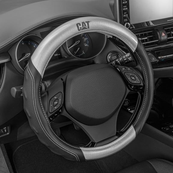 Caterpillar Two Tone Carbon Fiber Grip Steering Wheel Cover Strong, Durable and Comfortable Universal Size 14.5-15.5 Inch (Gray/Black)