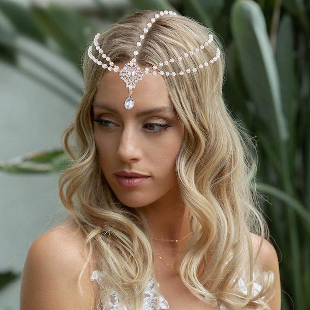 Catery Bride Wedding Head Chain Jewelry Crystal Hair Chain Bridal Hair Band  安心の実績 高価 買取 強化中 - ドレス、ブライダル