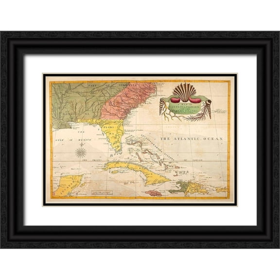 Catesby, Mark 32x23 Black Ornate Wood Framed with Double Matting Museum Art Print Titled - Map of Carolina, Florida and the Bahama Islands