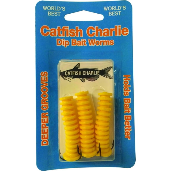 Catfish Charlie Dip Bait Rigged Worm 3 Pack Yellow - DBG-3-06