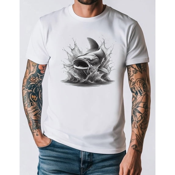 Catfish Graphic T-Shirt, Fishing Lover Angler Tee, Realistic Fish Splash Design Shirt, Unisex Casual Outdoor Gift for Fisherman