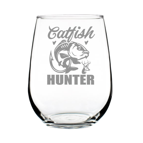 Catfish Hunter Hand Engraved Stemless Wine Glass, Unique Fishing for Outdoorsmen, 17oz Customized