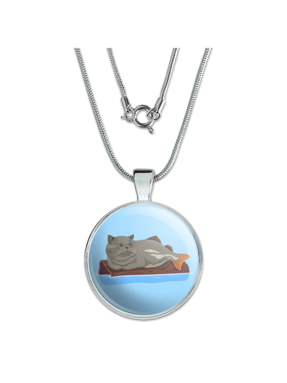 Catfish Mercat Cat Mermaid Sitting On Log 1" Pendant with Sterling Silver Plated Chain