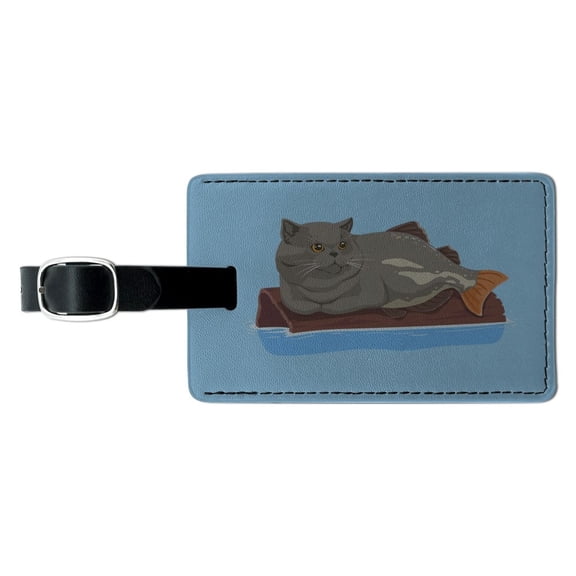 Catfish Mercat Cat Mermaid Sitting On Log Rectangle Leather Luggage Card Suitcase Carry-On ID Tag