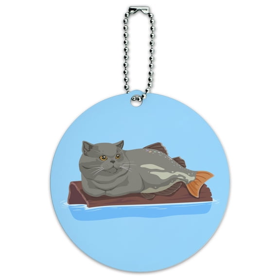 Catfish Mercat Cat Mermaid Sitting On Log Round Luggage ID Tag Card Suitcase Carry-On