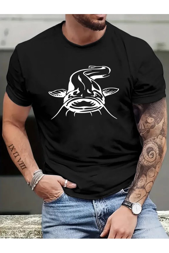 Catfish Print Tee Shirt, Tees For Men, Casual Short Sleeve T-shirt For Summer