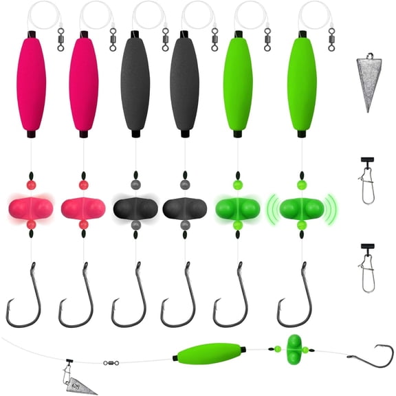 Catfish Rigs Set – 6 Pre-Tied Santee Float Rigs with Sinkers, Circle Hooks 6/0 – Complete Fishing Tackle Kit