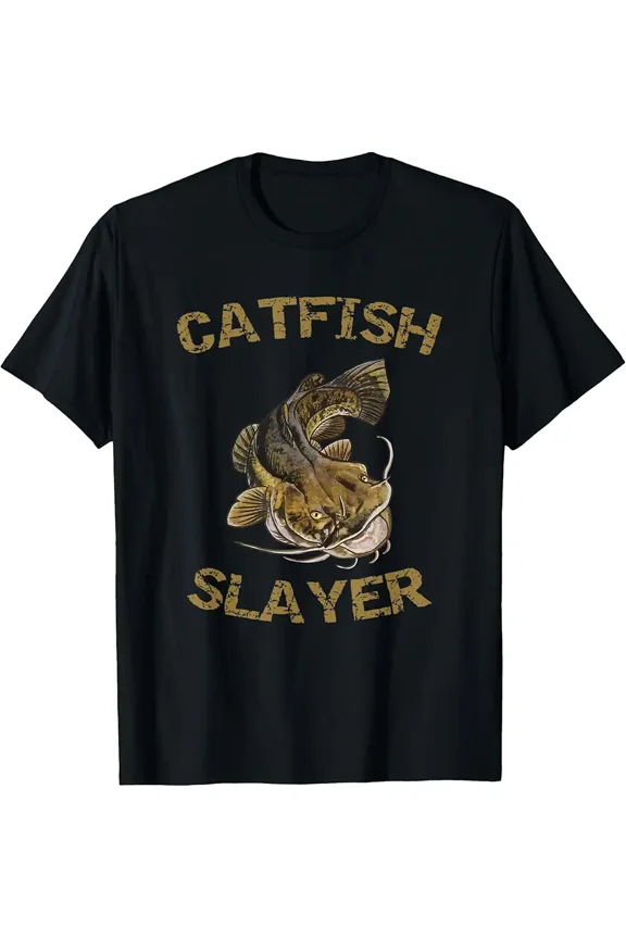 Catfish Slayer Fishing Graphic for Fisherman Men Short Sleeve Casual T-Shirt