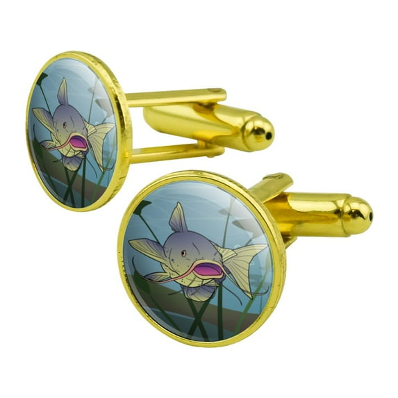 Catfish Swimming in Water Round Cufflink Set Gold Color