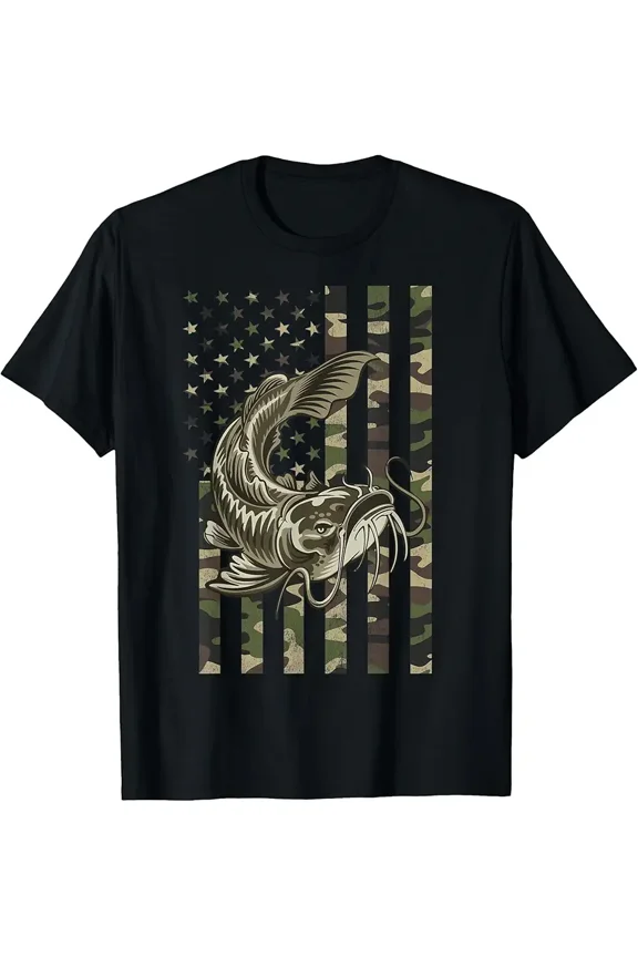 Catfishing, Camo American Flag with Catfish T-Shirt