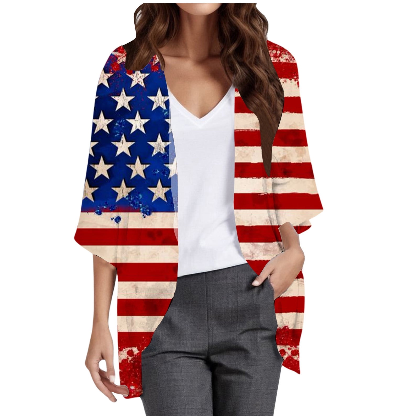 American Flag Print Kimono Cover Up - Lightweight Polyester Summer Beach Shirt For Women, One Size - View #7