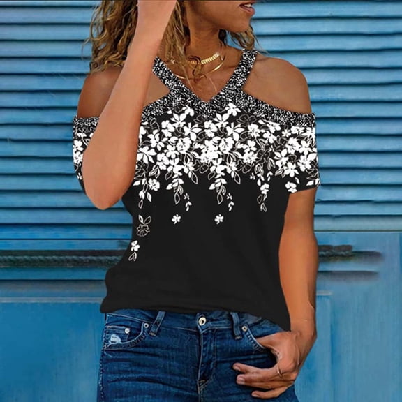 Cathalem Active Womens Tops Womens Printed Off The Shoulder V Neck Short Sleeve Casual T Shirt Blouse Cotton And Spandex Tops Shirt White X-Large