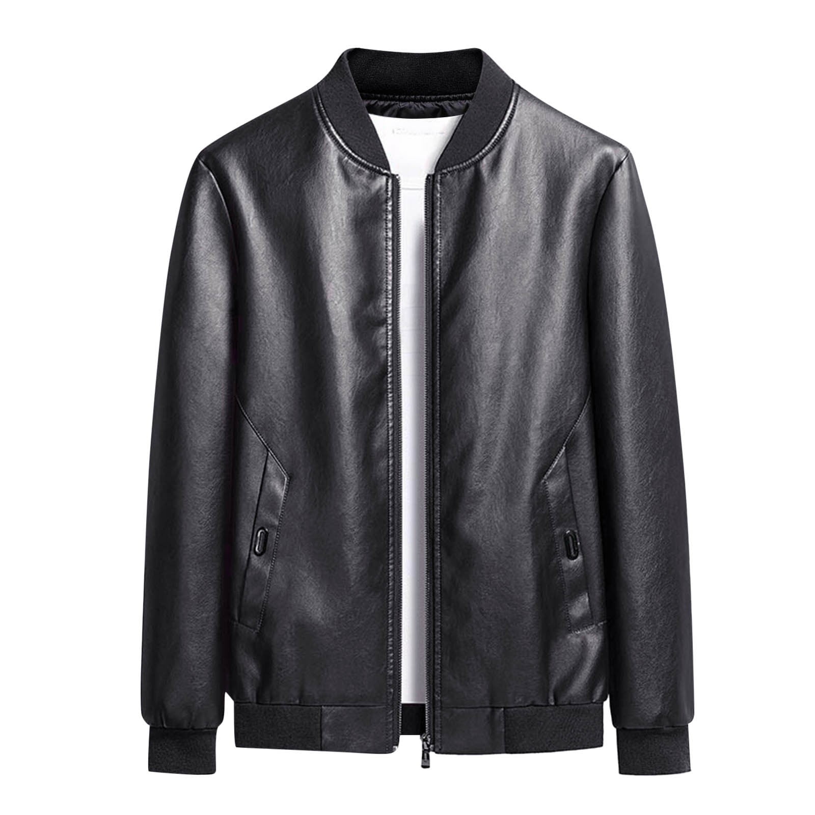Cathalem Adult Outerwear Male Coats Medium Leather Jacket Collar Coat Leather Coat Flight Jacket Men (Black, XXXL)