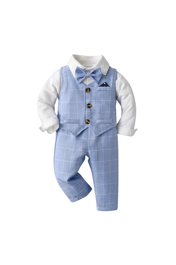 Baby Boy Formal Suits 1st 2nd Gentleman Baptism Outfits Christening Bowtie Vest Pants Set(0-6 Months)Light Blue