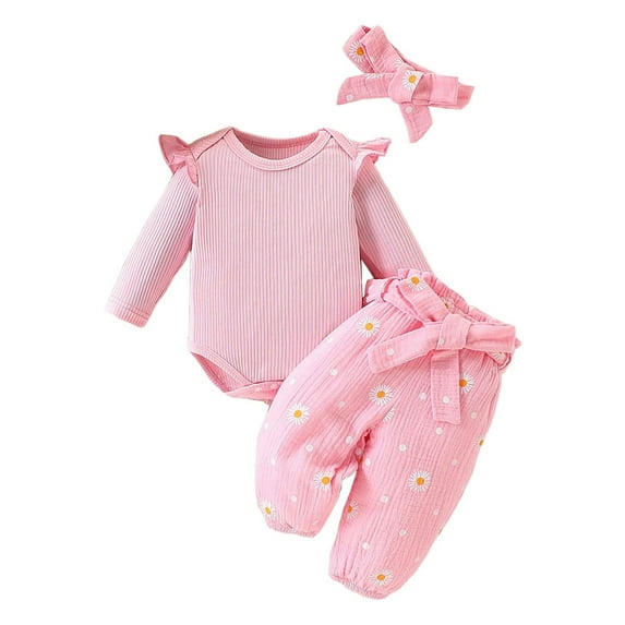 Cathalem Baby Girl Clothes Newborn Infant Outfits Ruffle Romper+ Floral Pants + Cute Headband (Pink,0-3 Months)