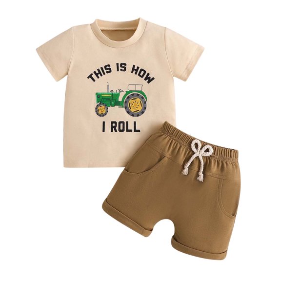 Cathalem Baby Outfits Boy Newborn Baby Boy Summer Clothes Button Short Sleeve Romper Bodysuit Shorts Set Toddler Soft Waffle Outfit (Beige,24M)