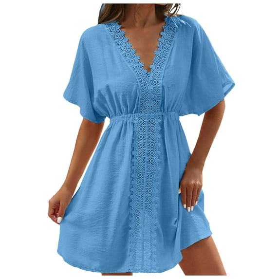 Cathalem Bathing Suit Cover Up for Women, V-Neck Swimsuit Coverup for Poolside, Seaside and Party (Sky Blue,XL)