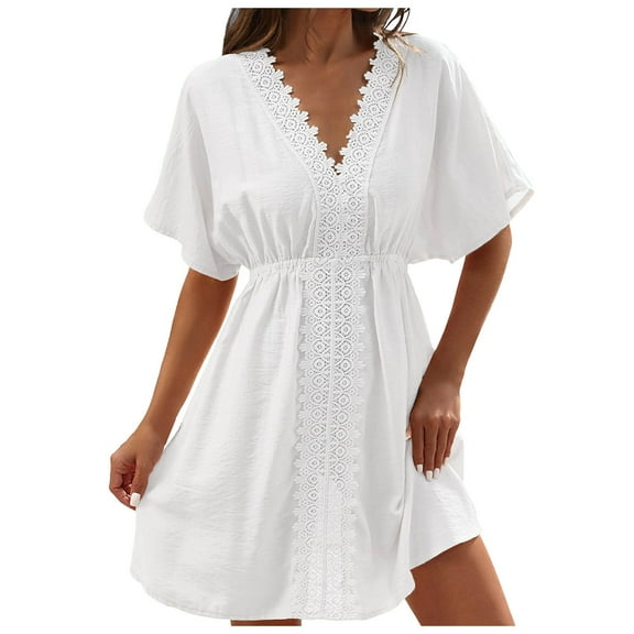 Cathalem Bathing Suit Cover Up for Women, V-Neck Swimsuit Coverup for Poolside, Seaside and Party (White,M)