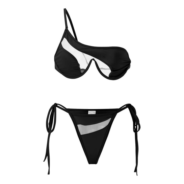 Cathalem Bathing Suits for Juniors Two Piece Women's Fashion Solid Color  One Shoulder Split Swimsuit Bikini Swimsuit Underwear Black Large