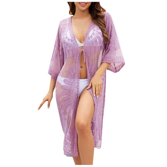 Cathalem Beach Cover Ups for Women Summer Bathing Suit Swimwear Mesh Knit Beach Dress Vacation Outfits (Purple,A)