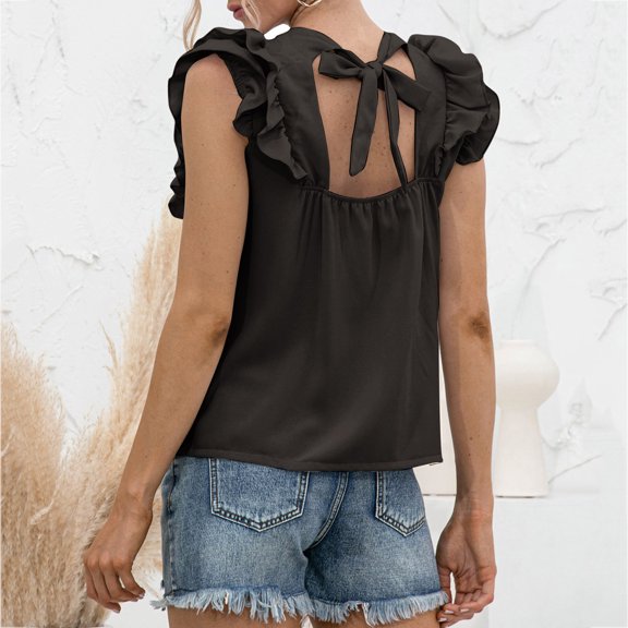 Cathalem Beach Tops for Women Women's Sleeveless Halter Shirt Solid Color Falbala Bowknot Lacing Blouses Cropped Top Compression Vest Black Large