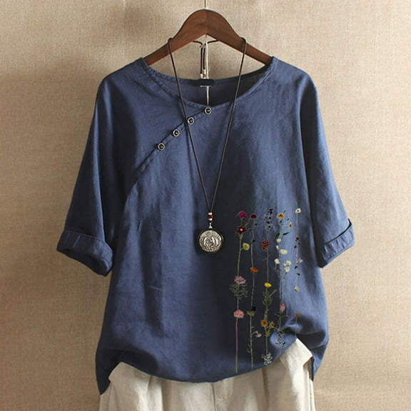 Cathalem Belly Exercise Equipment Women Size Sleeve Women Pullover Short Loose Shirt Flower Womens Short Sleeve Tops Shirt Dark Blue XX-Large