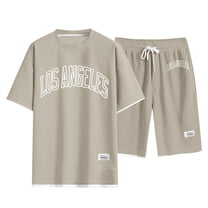 Cathalem Big and Tall Summer Outfits for Men Men's 2 Pieces Outfits T Shirt and Shorts Set Casual Athletic Suit Summer Tracksuits(Beige,M)