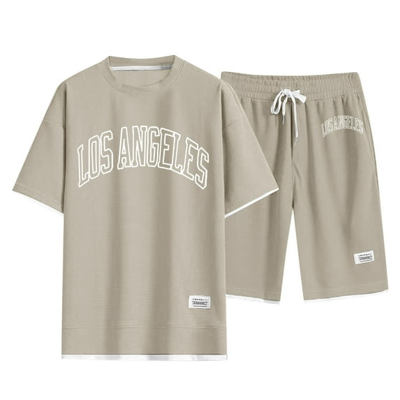 Cathalem Big and Tall Summer Outfits for Men Men's 2 Pieces Outfits T Shirt and Shorts Set Casual Athletic Suit Summer Tracksuits(Beige,M)