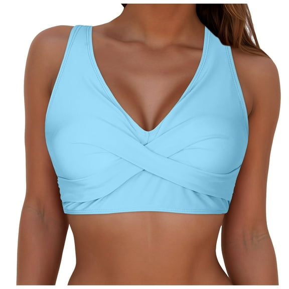 Cathalem Bikini Tops for Women V Neck Adjustable Spaghetti Straps Swimsuit Padded Athletic Bathing Suit (Light Blue,XXL)