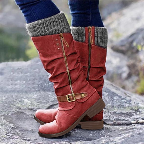 Cathalem Boots for Women with Heel Knee High Warm Zipper Boots Fashion Low Women's Casual High High Boots for Women Wide Calf Red 8