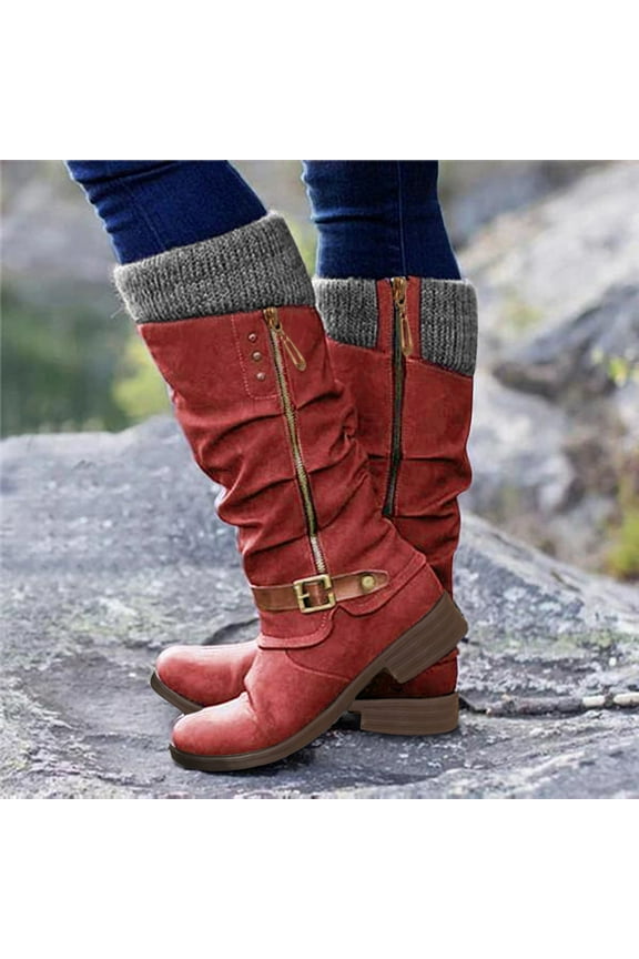 Boots for Women with Heel Knee High Warm Zipper Boots Fashion Low Women's Casual High High Boots for Women Wide Calf Red 8
