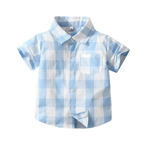 Cathalem Boy Short Sleeve Shirt Boys Short Sleeve Button Down Casual Woven Shirt with Pocket (Blue,130)