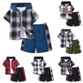thumbnail image 1 of Cathalem Boys Clothes Shorts Sets Plaid Short Sleeve Hooded Button And Jogger Shorts For Kids Summer Outfits 7-8 Years, 1 of 9