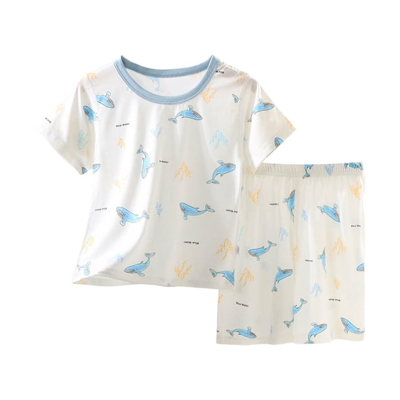 Cathalem Boys Girls Pajama Set Toddler Kids Viscose from Bamboo Pajamas Short Sleeve Pjs Snug Sleepwear Light Blue 7-8 Years