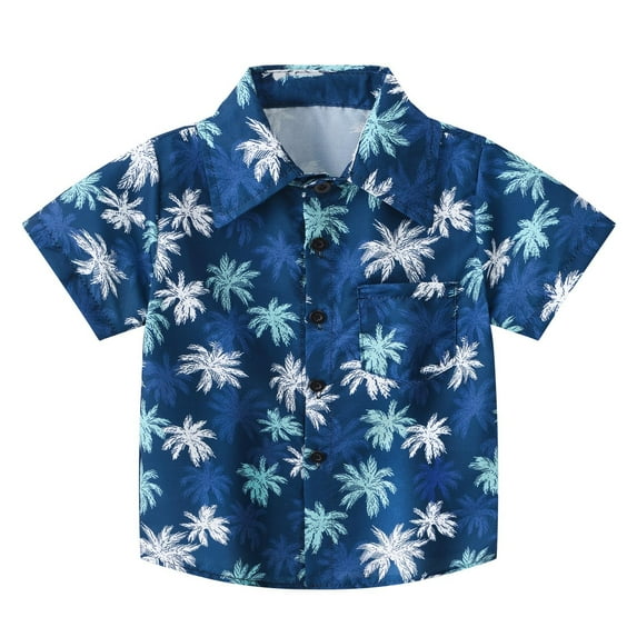 Cathalem Boys Short Sleeve Button Down Shirt Boy's Button Down Hawaiian Shirt Short Sleeve, Kids Summer Beach Hawaiian Shirts for Boys (Dark Blue,90)