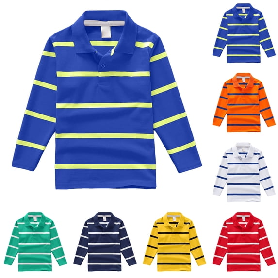 Cathalem Boys Summer Fall Classic Polo Shirts For Kids Tops Long Sleeve Striped Turndown Collar Shirt With Button Closure Casual Comfort Soft Basic Tee Tops 7-8 Years