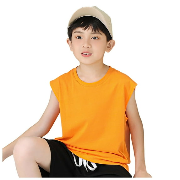 Cathalem Boys Tops Boy's Sleeveless Crew Neck Casual Solid Tank Top (Orange,9-10 Years)