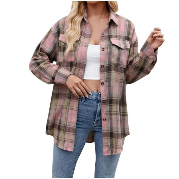 Cathalem Button Down Shirts for Women Plus Size Plaid Flannel Shirts for Women Oversized Long Sleeve Button Down Shirts Blouses Tops (Pink,S)