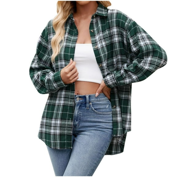 Cathalem Button Down Shirt Women Long Sleeve Women Button Down Long Sleeve Plaid Shirts Collared 2024 Casual Work Tops (Dark Green,XXL)