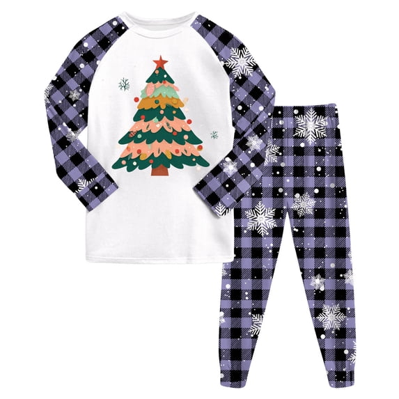 Cathalem Christmas Pajamas Matching Sets, Xmas Pjs Sets Graphic Print Plaid Sleepwear Outfits Light Purple 5-6 Years