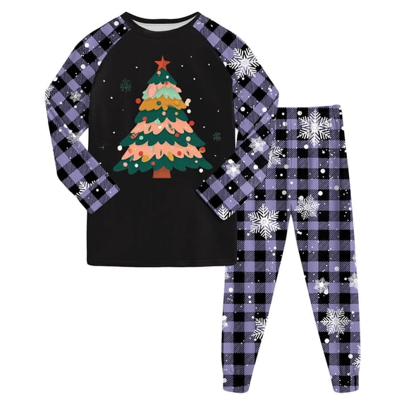 Cathalem Christmas Pajamas Matching Sets, Xmas Pjs Sets Graphic Print Plaid Sleepwear Outfits Purple 8-9 Years