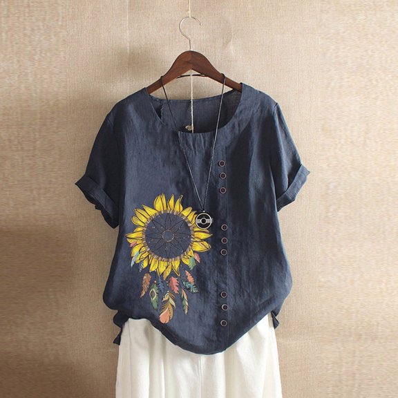 Cathalem Cotton Long Sleeve for Women Women's Print Tshirt Plus Size Short Sleeve Casual Summer Rolled Sleeves Plain Thin Cotton Shirt Navy Small