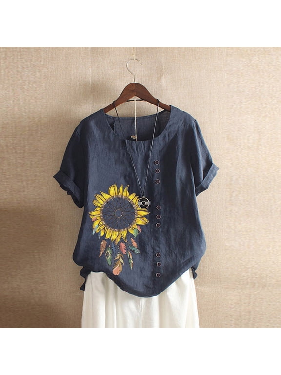 Cotton Long Sleeve for Women Women's Print Tshirt Plus Size Short Sleeve Casual Summer Rolled Sleeves Plain Thin Cotton Shirt Navy Small