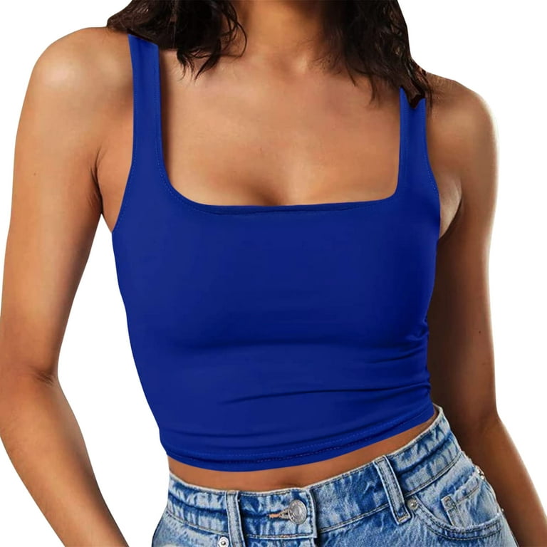 Cathalem Cotton Muscle Women Layer Fitness Tops Women's Strappy Crop Double  Neck Workout Sleeveless O plus Size Workout Top Vest Blue XX-Large
