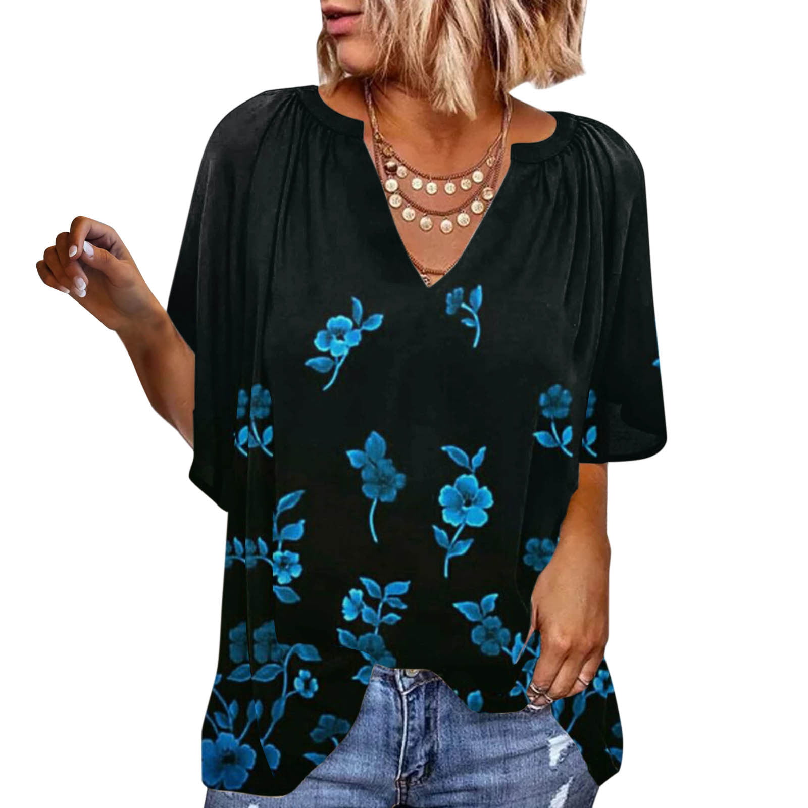 Cathalem Cotton Polyester Spandex Shirt Women Summer V Neck Bell Sleeve  Blouse Casual Loose Pleated Shirt Turtleneck Women Petite Shirt Black  XX-Large 