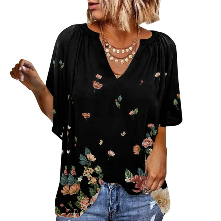 Cathalem Cotton Polyester Spandex Shirt Women Summer V Neck Bell Sleeve  Blouse Casual Loose Pleated Shirt Turtleneck Women Petite Shirt Black  XX-Large